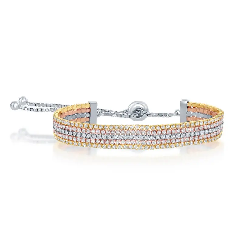 Sterling Silver Five Strand Tennis Adjustable Bolo Bracelet - Tri-Color