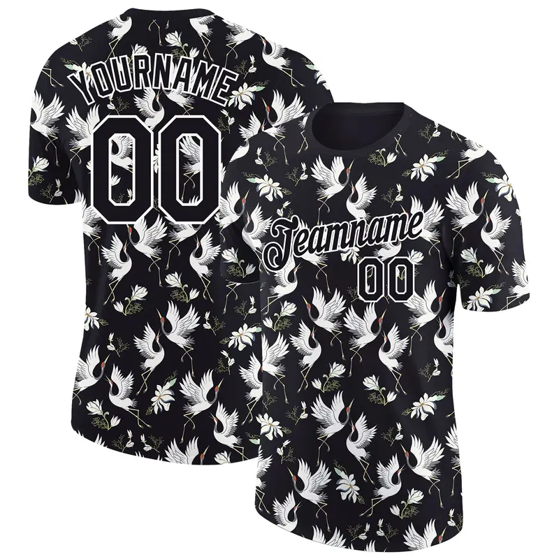 Custom Black White 3D Pattern Design Animal Crane Performance T-Shirt