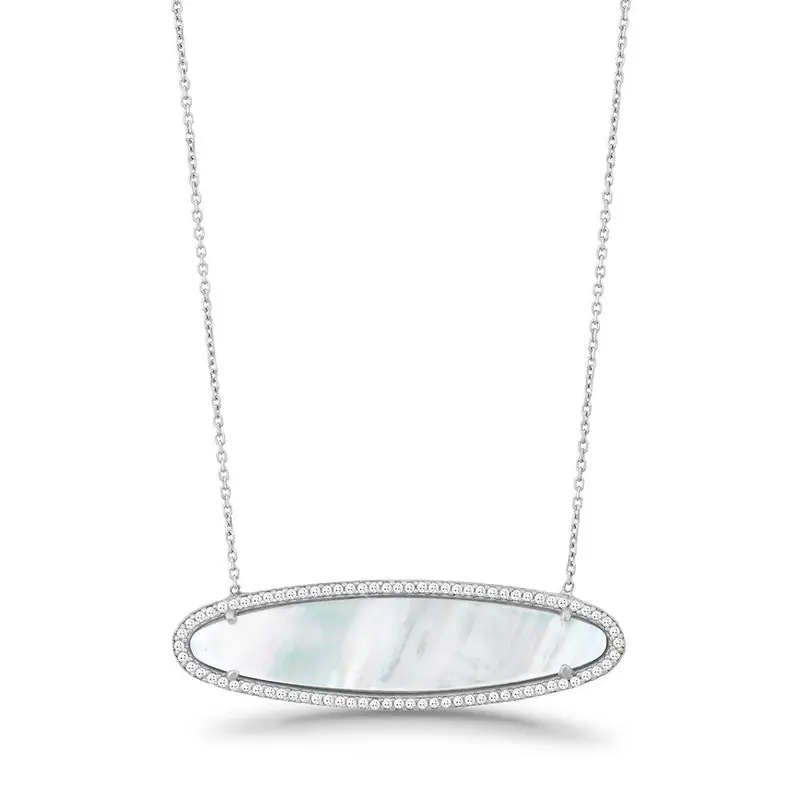 Sterling Silver  CZ Border with MOP Oval Necklace