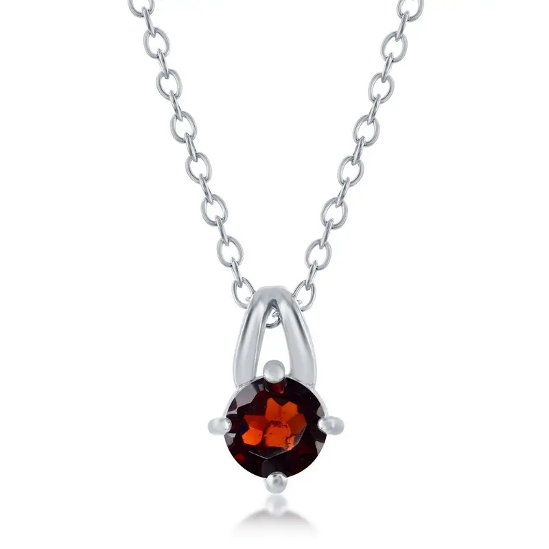 Sterling Silver Four-Prong 5mm Round Gem Necklace - Garnet