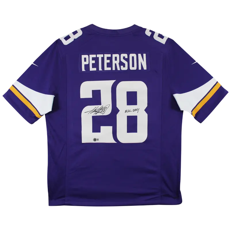 Vikings Adrian Peterson "All Day" Signed Purple Nike Game Jersey BAS Witnessed