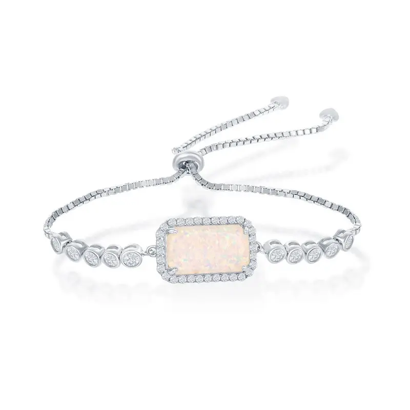 Sterling Silver Rectangle White Opal with CZ Border Adjustable Bolo Bracelet