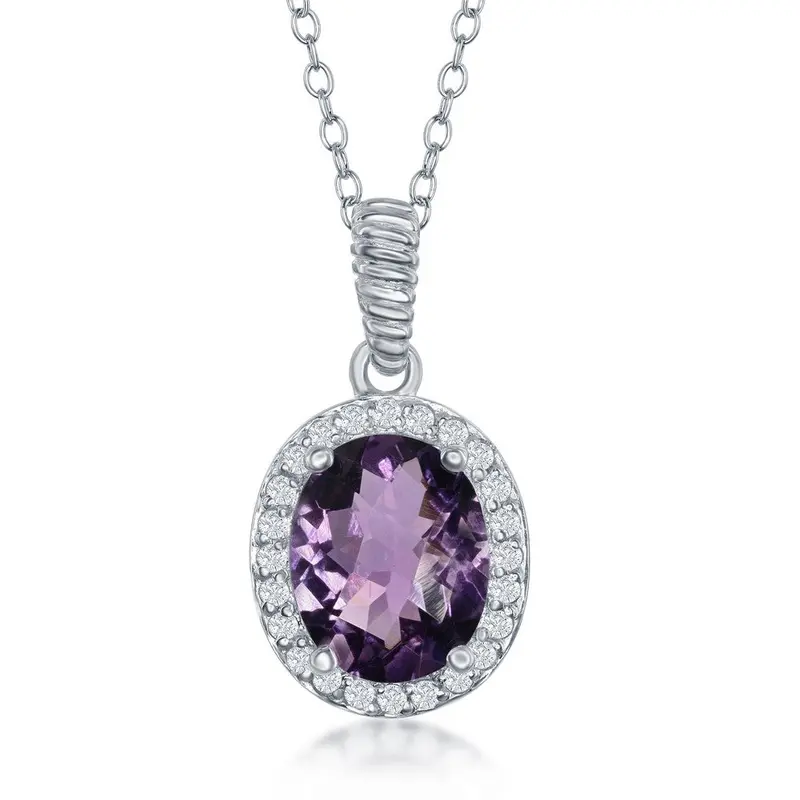 Sterling Silver Oval Amethyst with White Topaz Boder Necklace