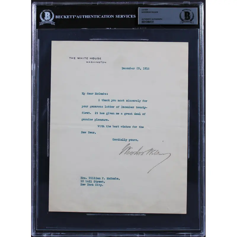 Woodrow Wilson Signed 7x8.75 1916 Letter On White House Letterhead BAS Slab