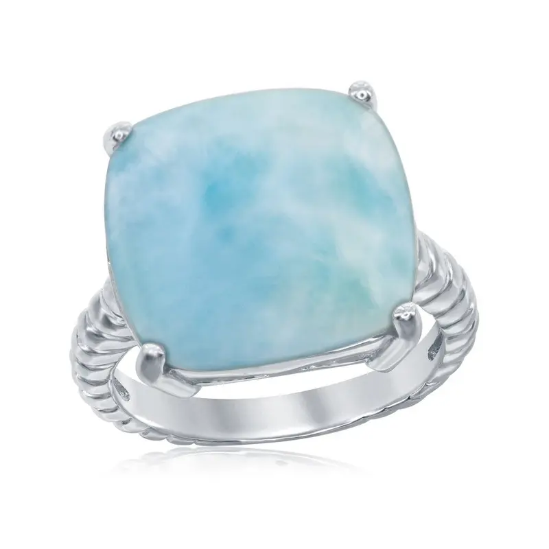 Sterling Silver Four-Prong Square Larimar with Rope Design Band Ring