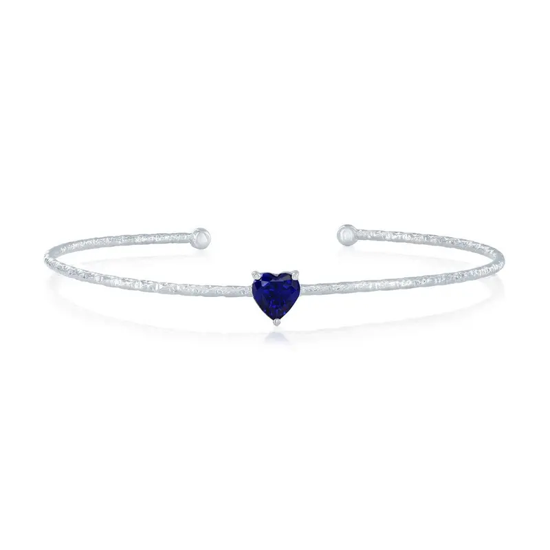 Sterling Silver, 'September' Birthstone CZ Heart Bangle - Sapphire