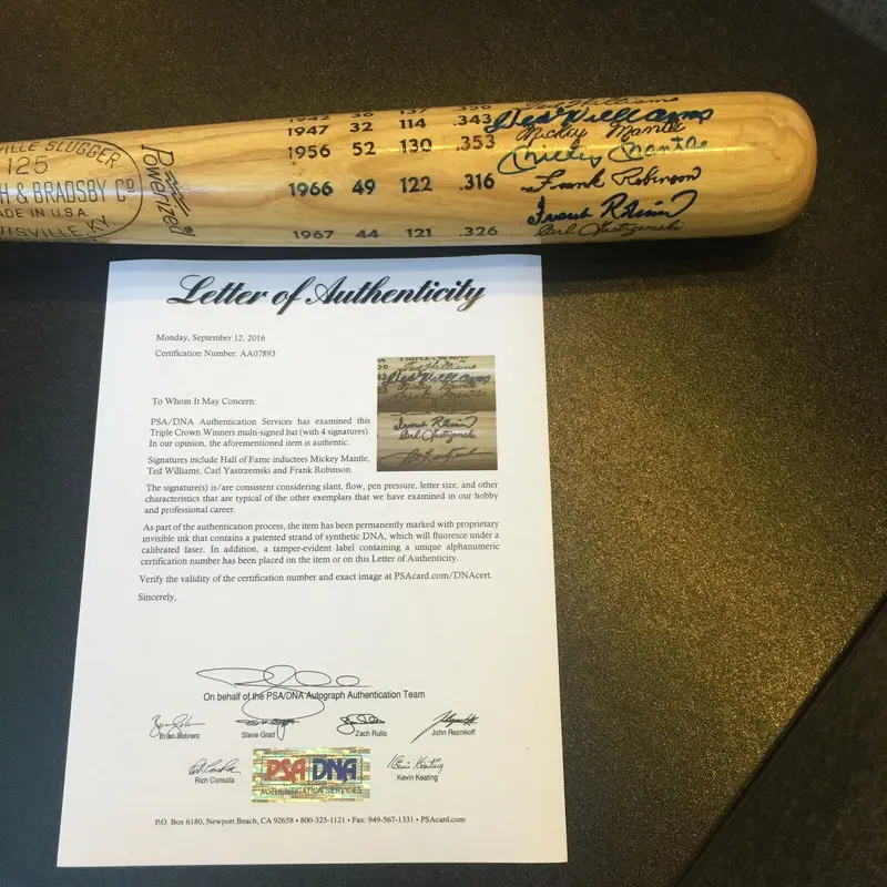 Stunning Mickey Mantle Ted Williams Carl Yastrzemski Triple Crown Signed Bat PSA