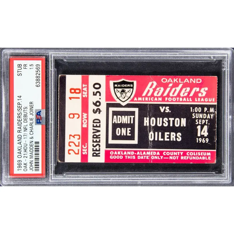 John Madden NFL Debut First Game 9-14-1969 Oakland Raiders Ticket PSA POP 5