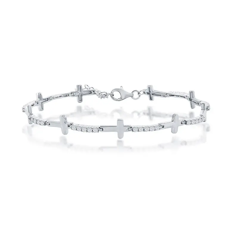 Sterling Silver Sideways Cross & CZ Bracelet