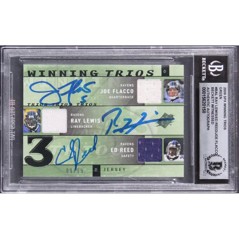 (3) Flacco, Lewis & Reed Signed 2009 SPX Trios #BAL #9/15 Card Auto 10 BAS Slab