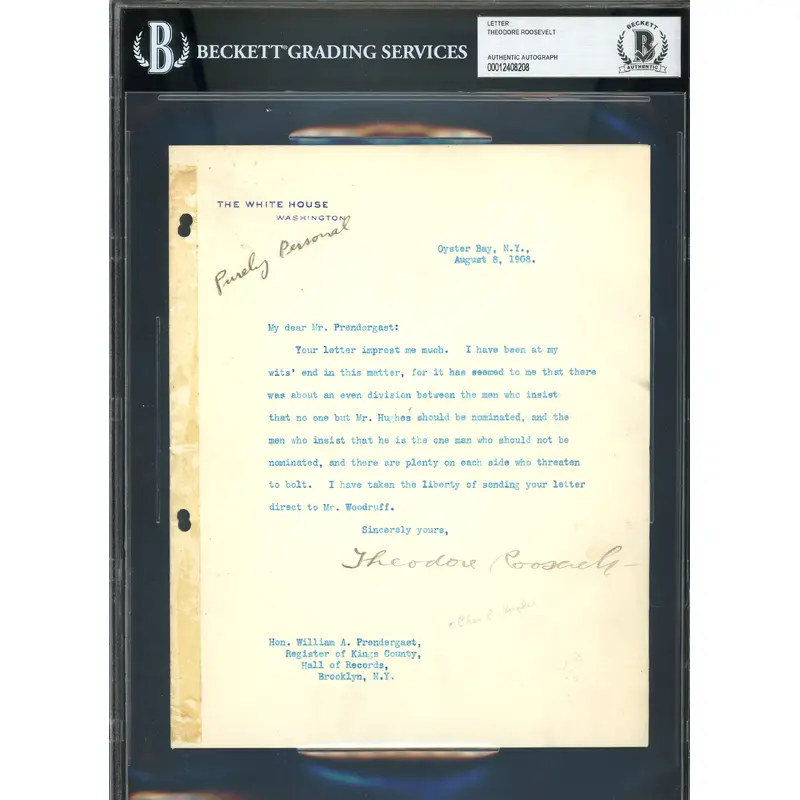 Theodore Roosevelt Signed 7x8.75 1908 Letter On White House Stationary BAS Slab