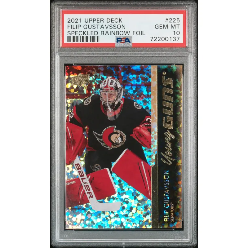Filip Gustavsson 2021 Upper Deck Rookie #225 Speckled Rainbow Foil PSA 10 Gem Mint