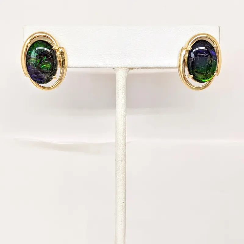 14K AMMOLITE OVAL 10X14 GOLD TRIM ESTATE EARRINGS 7.4 GRAMS
