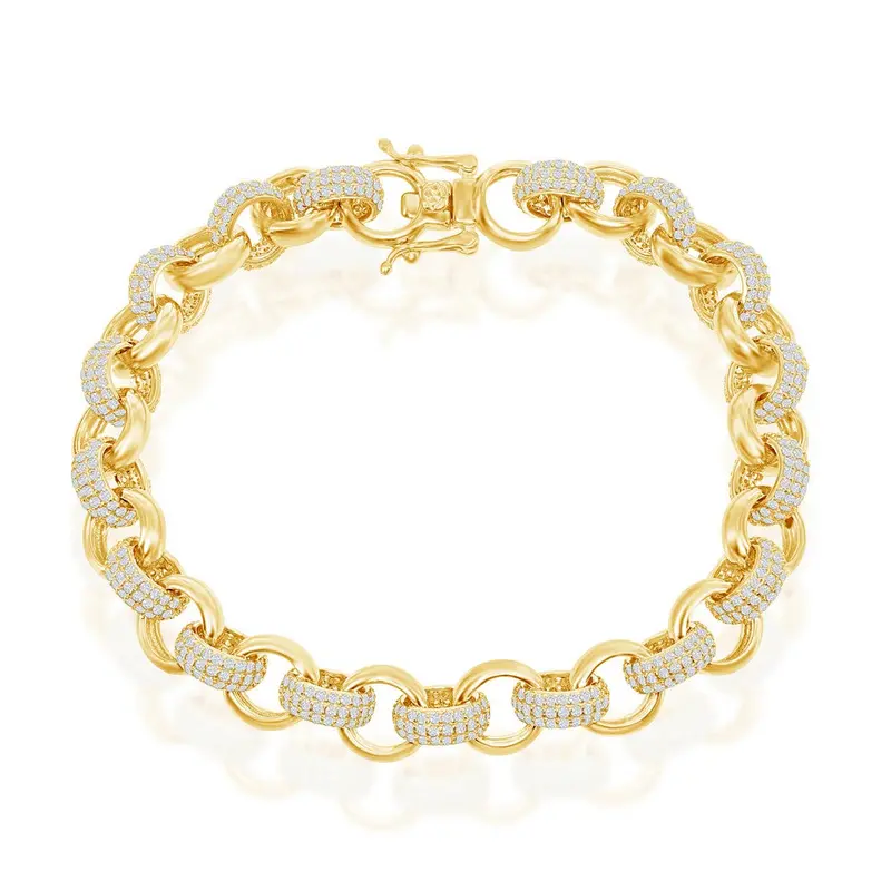 Sterling Silver, CZ and Polished Linked Bracelet - Gold Plated