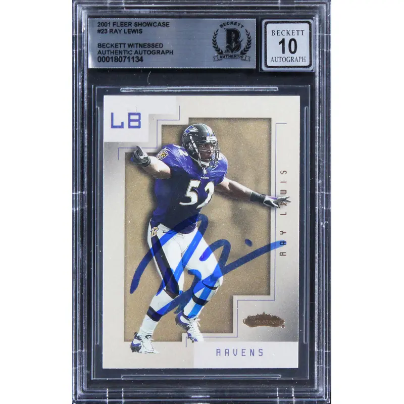 Ravens Ray Lewis Signed 2001 Fleer Showcase #23 Card Auto Graded 10! BAS Slabbed