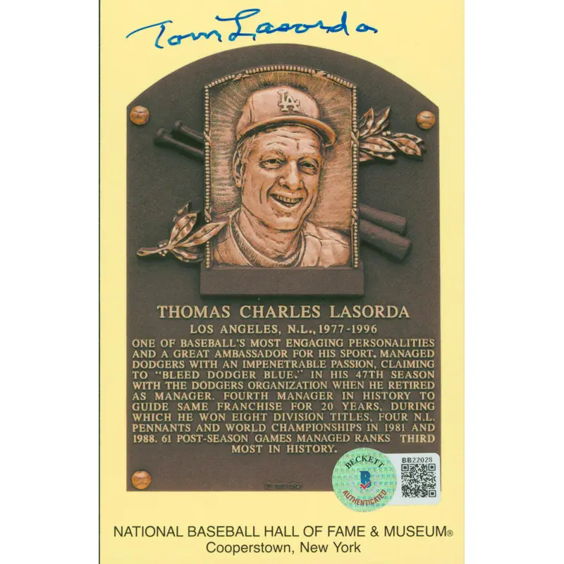Dodgers Tom Lasorda Authentic Signed 3.5x5.5 Artvue HOF Plaque Postcard BAS