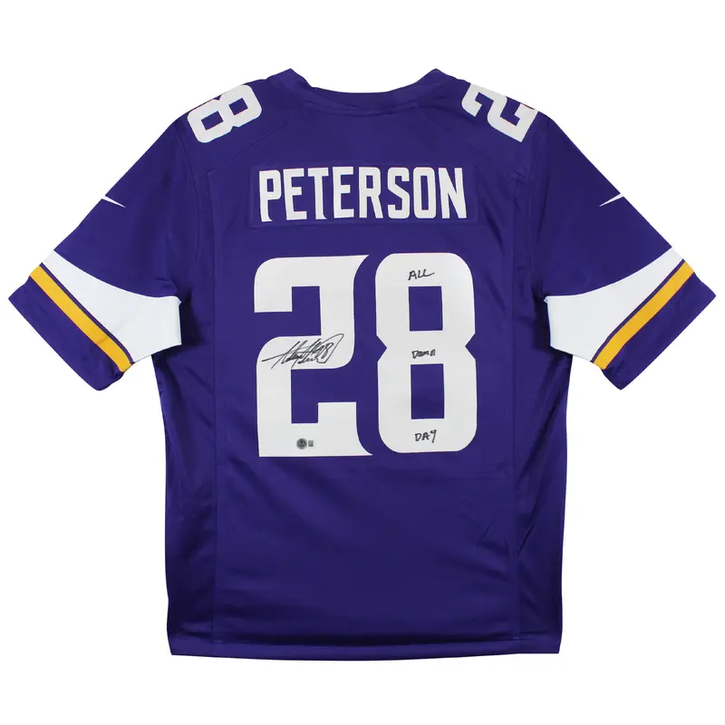 Vikings Adrian Peterson "All Damn Day" Signed Purple Nike Game Jersey BAS Wit