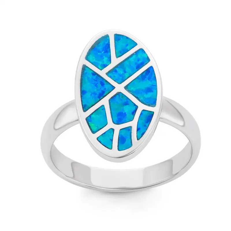 Sterling Silver Blue Inlay Opal Mosaic Style Oval Ring