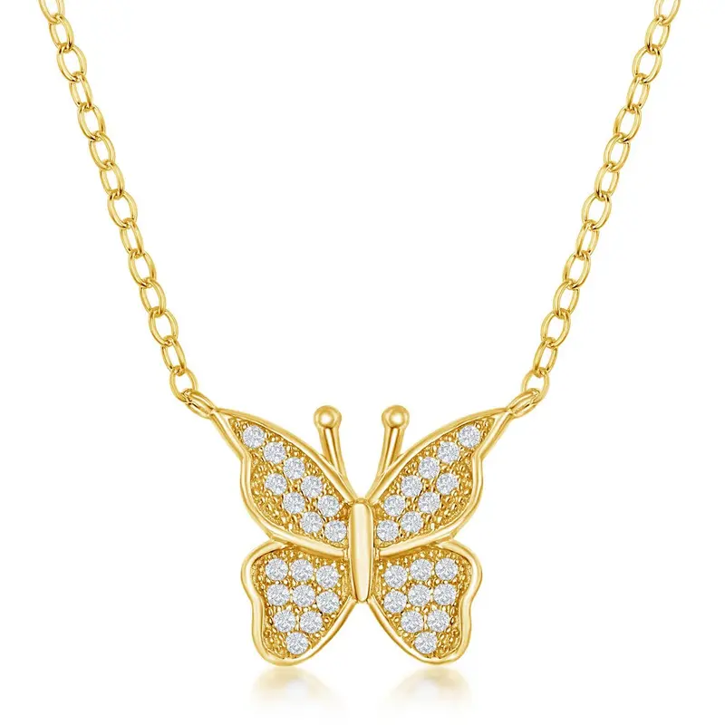 Sterling Silver, Micro Pave CZ Butterfly Necklace - Gold Plated