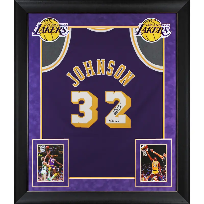 Lakers Magic Johnson "HOF 02" Signed M&N HWC Authentic Purple Framed Jersey BAS