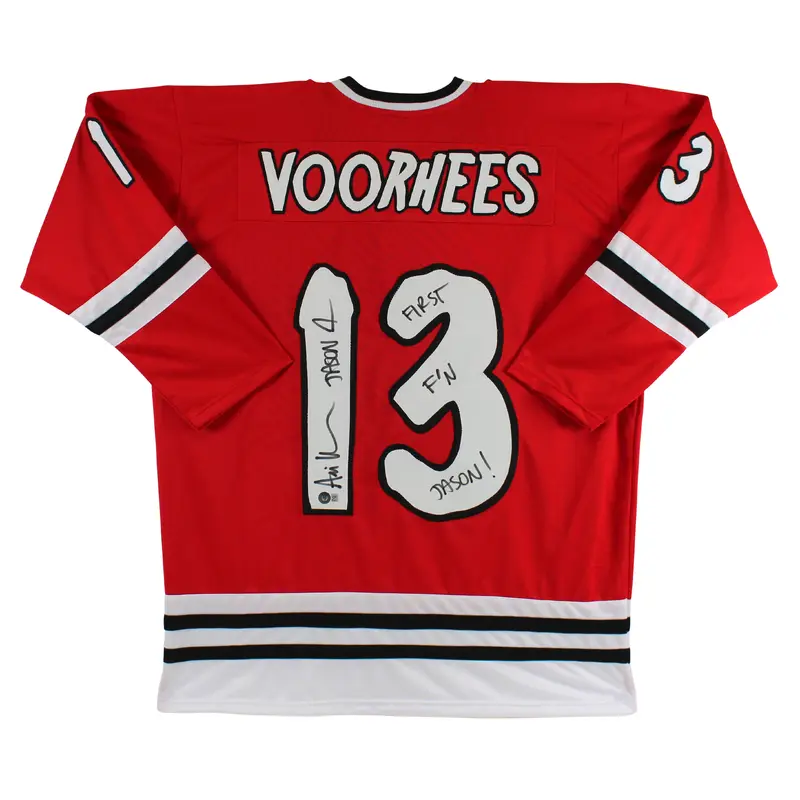 Ari Lehman First F'N Jason Signed Red Jason Voorhees Hockey Jersey BAS #WM00835