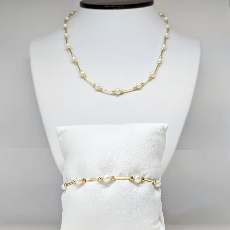 14K PEARL ROUND (31) GOLD LINK ESTATE NECKLACE & BRACELET SET 8.2 GRAMS