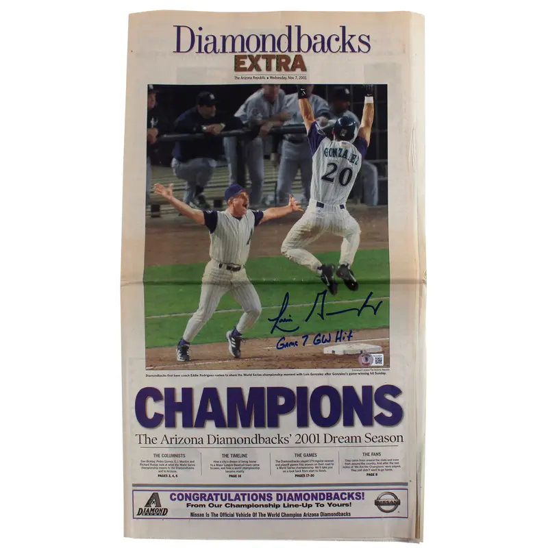 D-Backs Luis Gonzalez "Game 7 GW Hit" Signed AZ Republic Newspaper BAS #WU04947