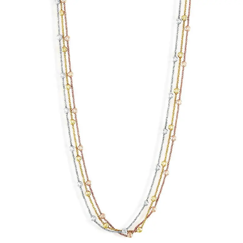 Sterling Silver Diamond Cut Beads Triple Strand Necklace - Tri Color