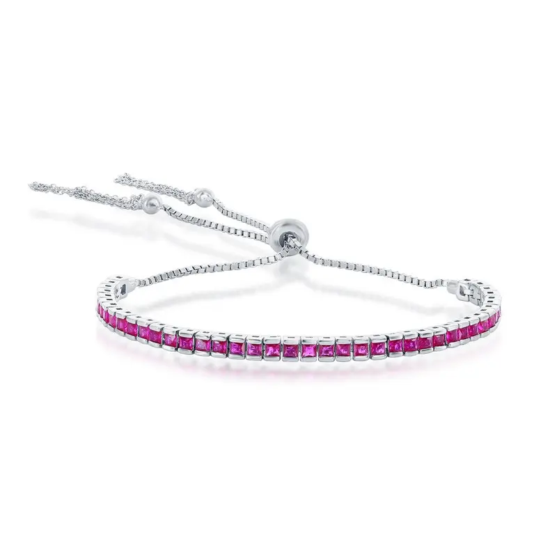 Sterling Silver Tennis Channel-Set CZ Adjustable Bolo Tassel Bracelet - Ruby CZ