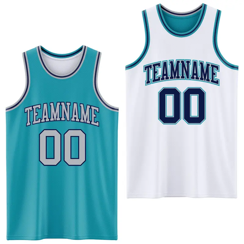 Custom Reversible Teal Gray-Navy Double Side Sublimation Basketball Suit Jersey