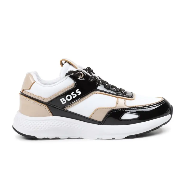 HUGO BOSS MINI ME FAUX LEATHER SNEAKERS BLKWHT J19089 10PJ