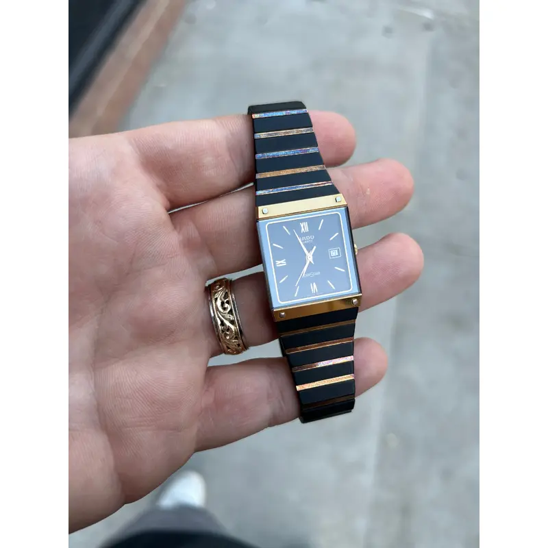 Vintage 1980s Rado DiaStar Quartz Black Ceramic / Gold Watch