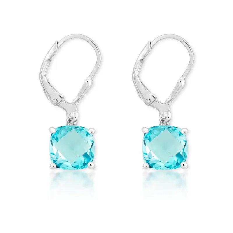 Sterling Silver 8mm Square Blue Topaz Prong Set Drop Down Earrings
