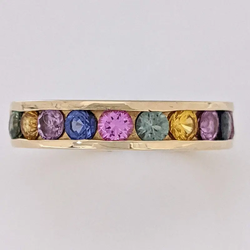 14K SAPPHIRE ROUND (10) MULTI- COLORED ESTATE CHANNEL BAND 6.5 GRAMS