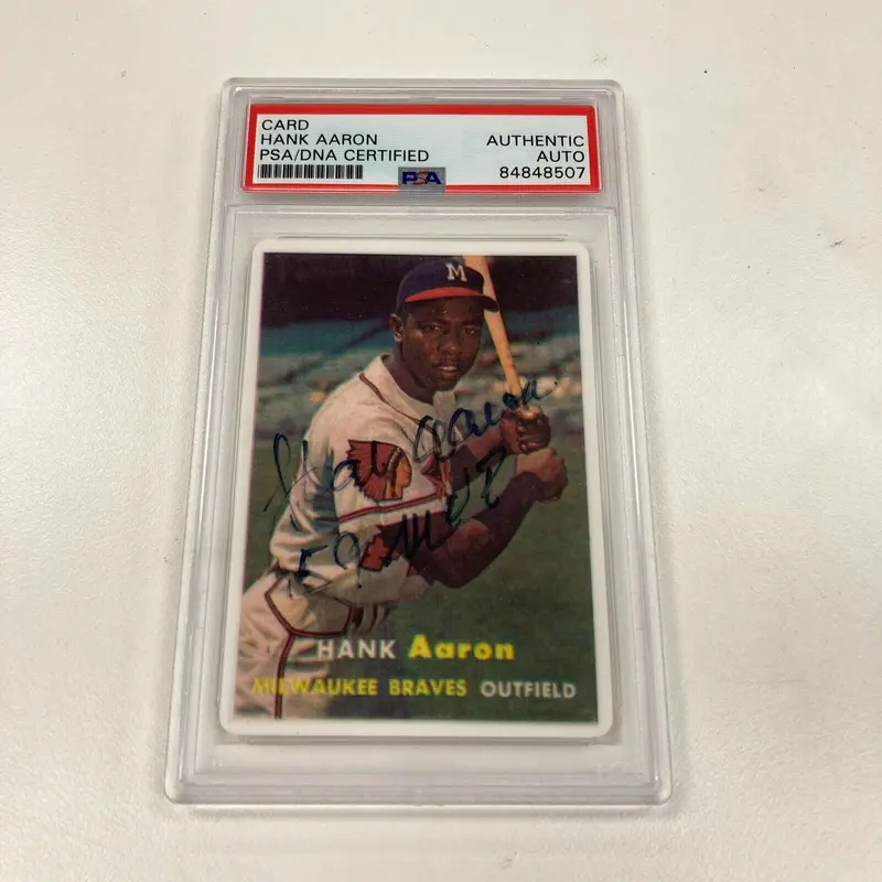 1957 Topps Hank Aaron "MVP" Signed Porcelain Baseball Card PSA DNA