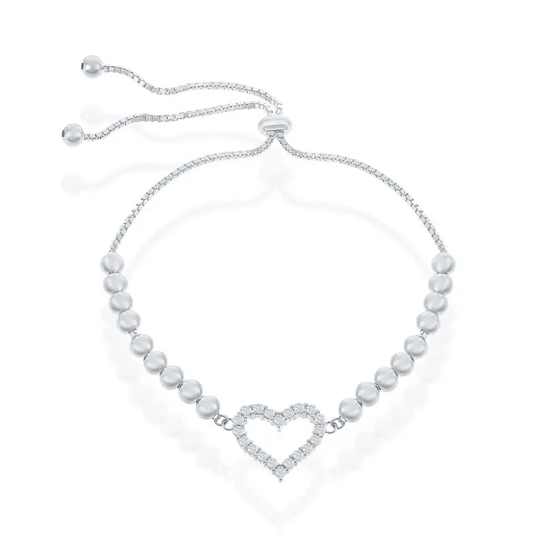 Sterling Silver. CZ Heart Beaded Adjustable Bolo Bracelet