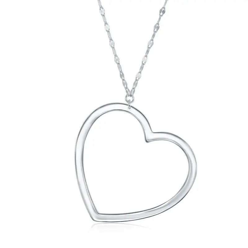 Sterling Silver Flat Linked Chain with Large Open Heart Necklace