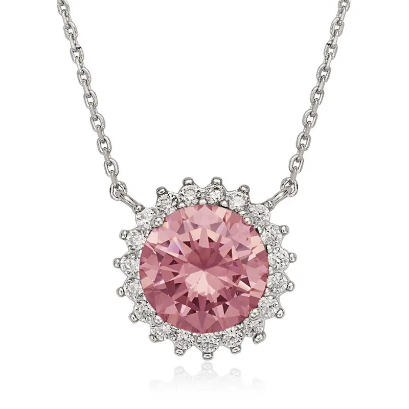 Sterling Silver Round Pink CZ with Clear CZ Border Necklace
