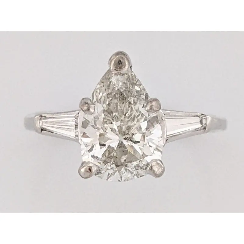 PLATINUM 2.13 CARAT TOTAL I1 G DIAMOND PEAR WITH (2) BAGUETTE ESTATE RING 4.8 GRAMS