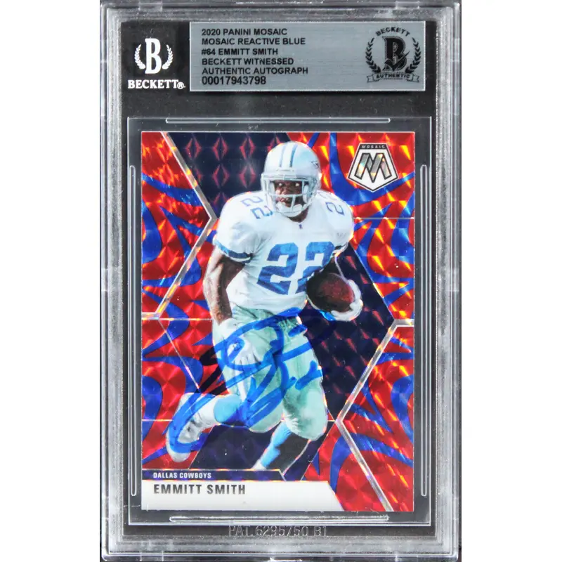 Cowboys Emmitt Smith Signed 2020 Panini Mosaic React Blue #84 Card BAS Slabbed