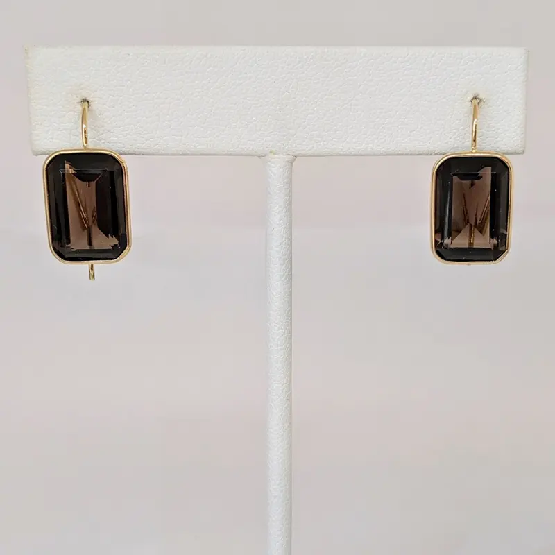 14K SMOKEY TOPAZ EMERALD CUT 10X14 BEZEL HOOK ESTATE EARRINGS 3.4 GRAMS