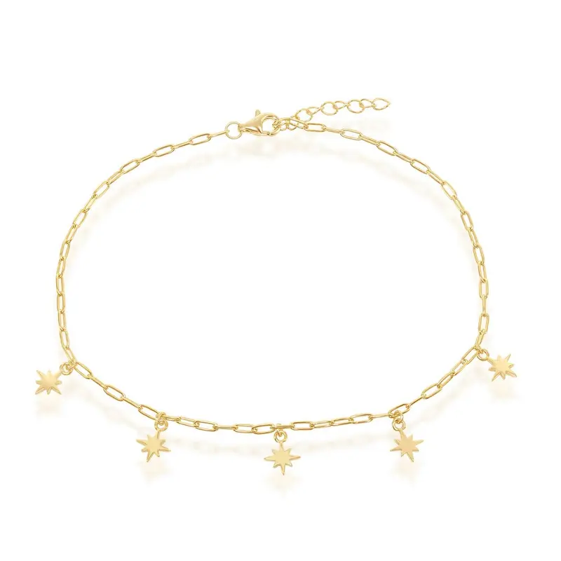Sterling Silver North Star Charms Paperclip Anklet - Gold Plated