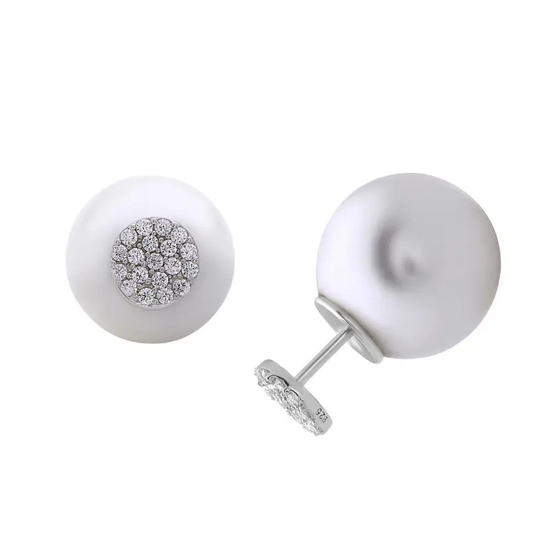 Sterling Silver 12mm CZ Disc Front with 12mm White Pearl Back Earrings