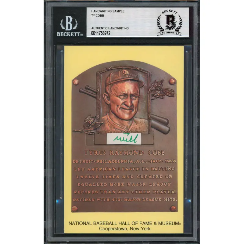 Tigers Ty Cobb Writing Sample 3.5x5.5 HOF Plaque Postcard BAS Slabbed 30