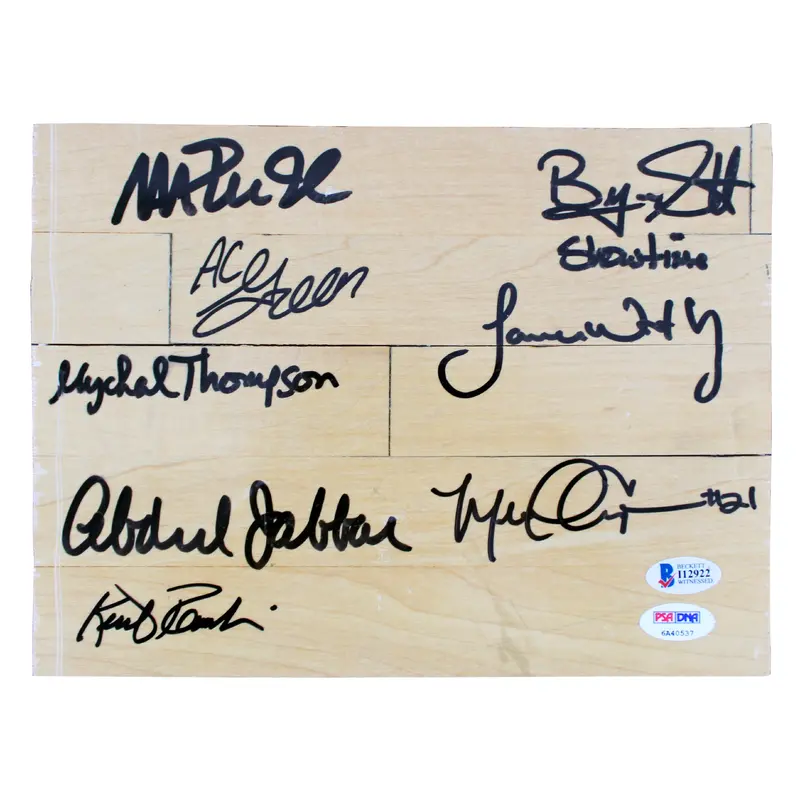 Showtime Lakers (8) Magic, Kareem +6 Signed 8x10 Forum Floorboard PSA & BAS 1