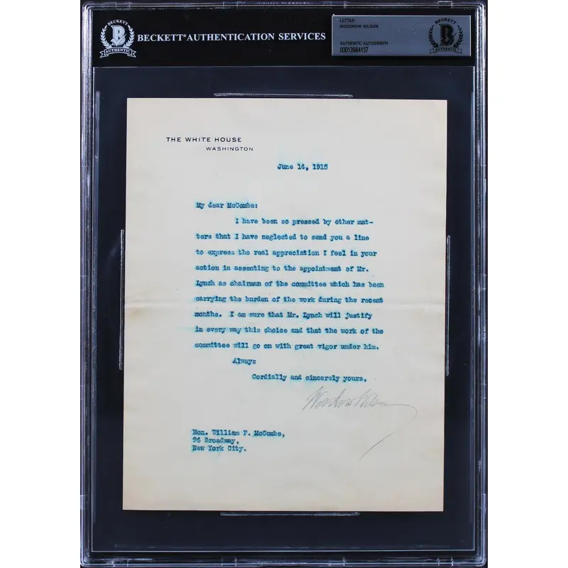 Woodrow Wilson Signed 7x8.75 1915 Letter On White House Letterhead BAS Slab 8