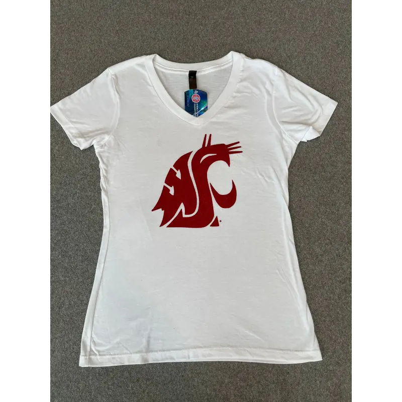 Ladies White WSU V-Neck T-Shirt
