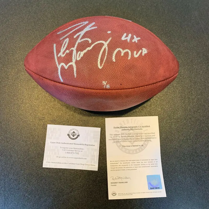 Peyton Manning 4X MVP Signed Inscribed NFL Wilson Football UDA Upper Deck COA
