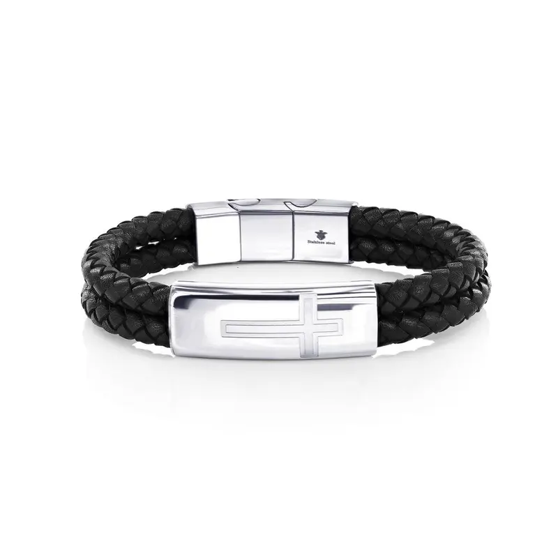 Stainless Steel, Double Leather Strand, Cross Design Bracelet - Black & Silver
