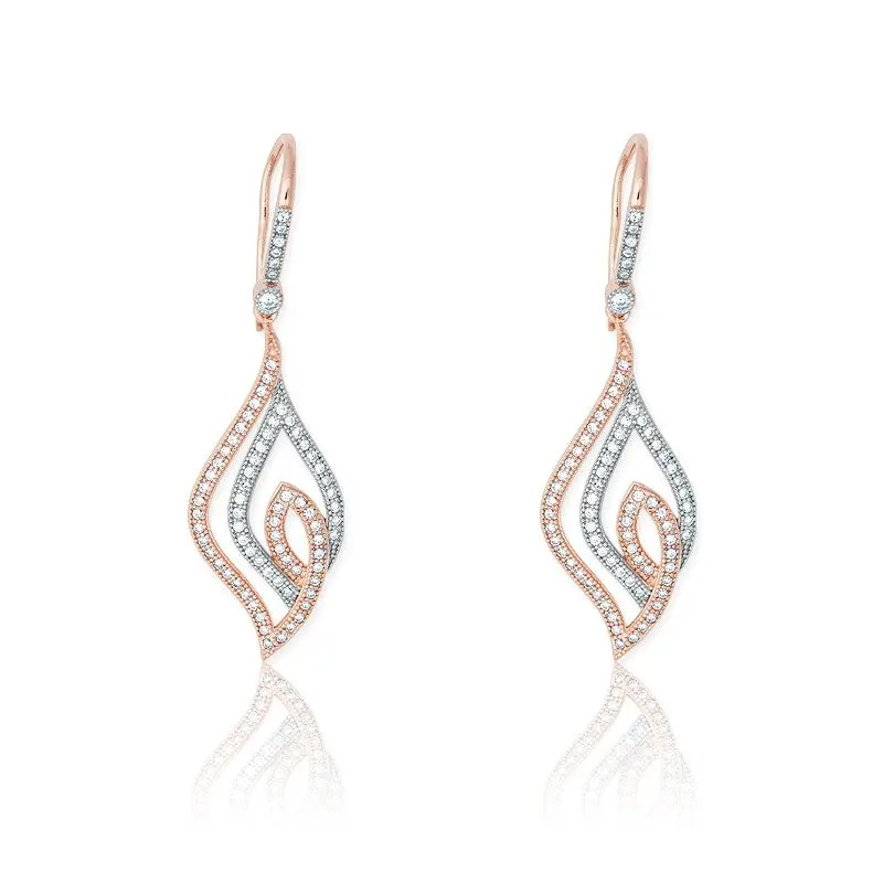Sterling Silver Open Marquise Shaped Rose GP and Silver Micro Pave Earrings
